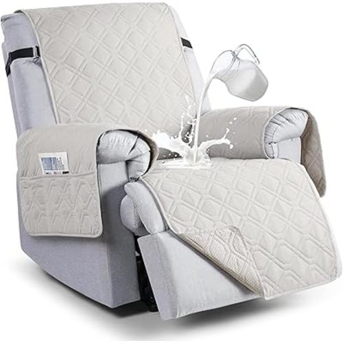 VANSOFY 100% Waterproof Recliner Chair Covers, Recliner Cover Non-Slip Dog Chair Cover Furniture Protector Washable Slipcover with Pocket, Elastic Straps for Pets, Dogs(Off White, 23.6")