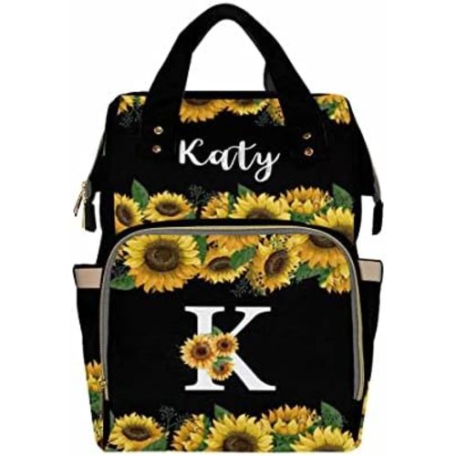 Personalized Backpack with Name, Custom Diaper Bag Warm Sunflower with Initial Fashion Multi-Function Nursing Bags Shoulder Bag Casual Daypack Bag for Mom Shopping Present