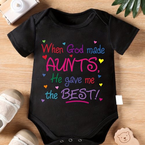 Baby&#39;s &quot;When God Made Aunts...&quot; Print Triangle Bodysuit, Casual Short Sleeve Romper, Toddler &amp; Infant Girl&#39;s Onesie for Summer, As Gift, Perfect for Outdoor