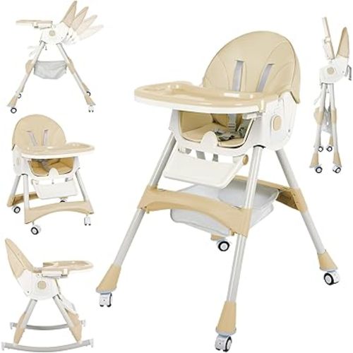 6 in 1 Baby High Chair Portable Highchair with Wheeled and Footrest,Foldable Adjustable Feature Feeding Chair for Babies and Toddlers