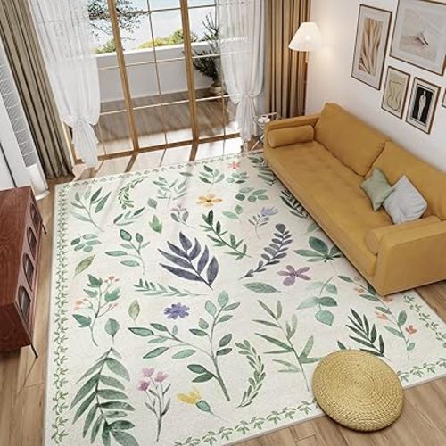 Machine Washable Area Rugs 5X7 - Washable Floral Rugs with Non Slip Backing for Living Room Bedroom Dining Room Stain Resistant, Floral Soft Low-Pile Large Rugs for Playroom, Green