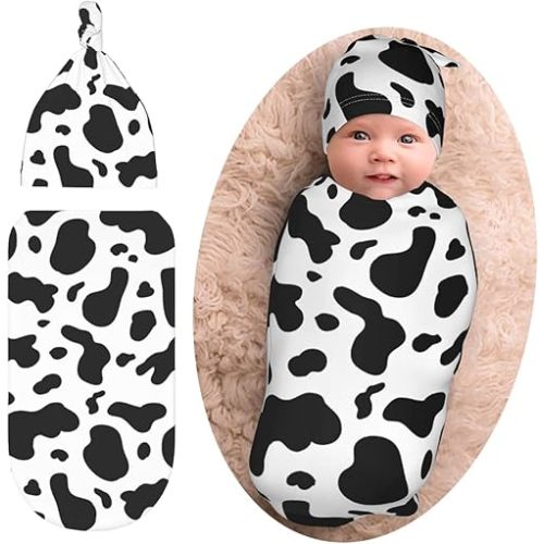 Cow Print Baby Stuff Swaddle Blankets Beanie Hat Sets, Soft and Stretchy Newborn Blanket Swaddle Sack for Baby Shower Infant Boy and Girl