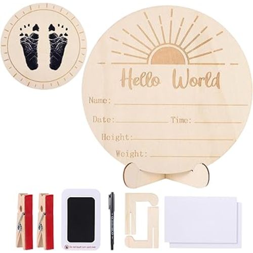 Wooden Baby Announcement Name Sign for Hospital Birth, Hello World Welcome Baby DIY Footprint Craft Art Sign with Ink Pad Marker Pen for Baby Shower Footprints Keepsake Gift Newborn Announcement Photoshoot Prop (Sunrise)