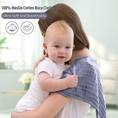 Yoofoss Muslin Burp Cloths for Baby 10 Pack 100% Cotton Baby Washcloths for Boys Girls Large 20''X10'' Super Soft and Absorbent Fog Blue