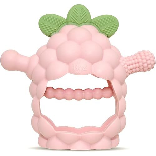 RaZbaby RaZberry Grip Silicone Teether Toy for 3M+ | Drop Resistant Hand Held Teether for Babies and Infants - Designed by Nature with Our Patented BerryBumps Multitextured Design | 3M+, Pink