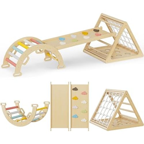 AOTOB Pikler Triangle Set 10 in 1 Toddler Climbing Toys, Montessori Climbing Set Over 3 Years, Wooden Baby Climbing Jungle Gym, Indoor Playground for Kids Inside with Ramp, Arch and Ladder