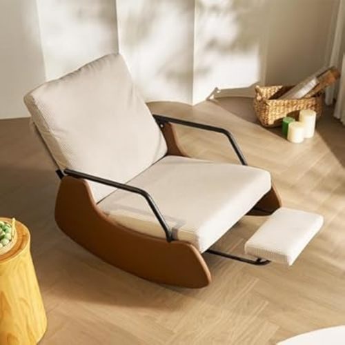 Rocking Recliner Chair for Adults, Upholstered Plush Seating Glider Rocker with High Backrest, Reading Chair Modern Nursery Accent Sofa Chairs Glider for Living Room (White/Brown)