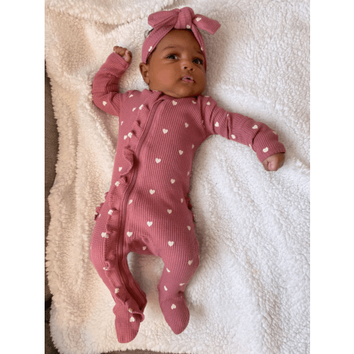 Organic Waffle Ruffle Zip Footie, Mauve Heart