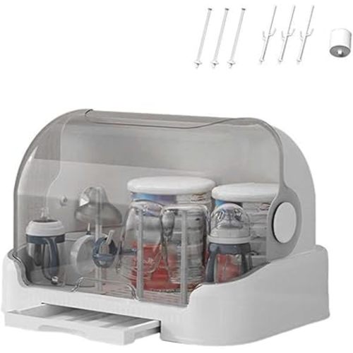 2025 Large Baby Bottle Organizer with Cover & Removable Drain Tray, Dustproof Portable Baby Bottle, Drying Rack Reusable Bottles Rack Holder Storage for Baby Bottles (White, Extra-Large)