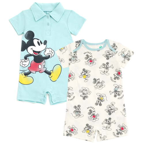Disney Mickey Mouse Newborn Baby Boys 2 Pack Rompers Blue / White Big Pose 0-3 Months
