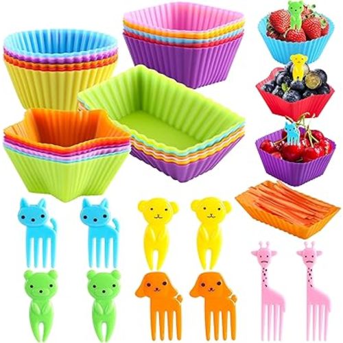 Silicone Lunch Box Dividers for kids,24 pcs Bento Box Dividers with 10 Animal Food Picks,Silicone Bento Box Inserts,Cupcake Baking Cups,Muffin Pan Liners,Reusable and BPA Free