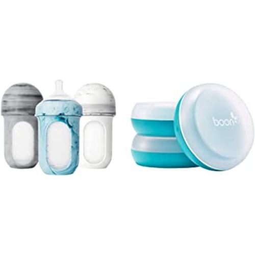 Boon NURSH Reusable Silicone Baby Bottles and Storage Bundle (3 Count) - Includes Bottle, Nipples, Collapsible Pouches, and Storage Buns