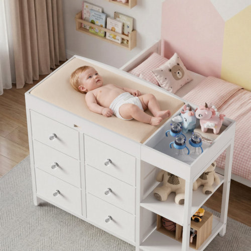 Latitude Run® Changing Table Dresser,baby Dressing Table With 6 Drawers And 2 Storage Shelves,modern Diaper Changing Station For Children's Room,for The Nursery,white | Wayfair