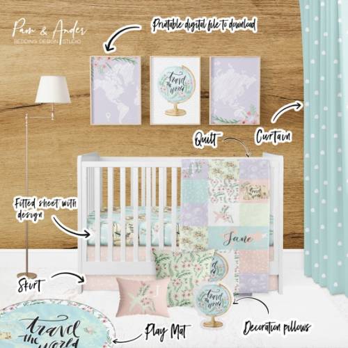 Baby Girl Adventure Crib Bedding Set, Travel Nursery Set, Plane Crib Sheets Girl, Adventure Travel Nursery Girl, Babybedding - Etsy