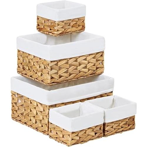 Vagusicc Wicker Storage Basket, 5 Pack Baskets for Organizing, Water Hyacinth Storage Baskets, Rectangular Wicker Baskets for Storage Shelves, Cube Storage Bins For Closet/Clothes/Dresser
