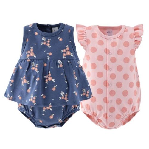 Baby Girl Rompers, 2pk - The Peanutshell® Navy Floral, Pink Navy, 6-9 Months