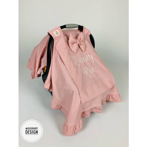 Car Seat Canopy Cover Baby Girl and Boy in Blush 100% Cotton Fabric with Ruffles and Bow & Peekaboo Mesh Window,Decorative Stitched Cover