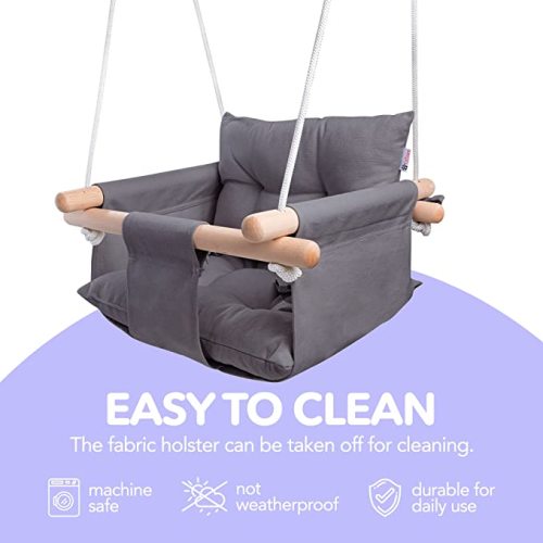 CaTeam - Canvas Baby Swing, Wooden Hanging Swing Seat Chair with Safety Belt, Durable Baby Hammock Chair, Outdoor and Indoor Swing for Kids, Mounting Hardware Included, Dark Gray - dark gray