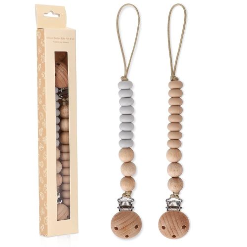 2 Pack Pacifier Holder Clips for Binky & Teether, Silicone Baby Pacifier Clip for Baby Girls(Sand, Grey)