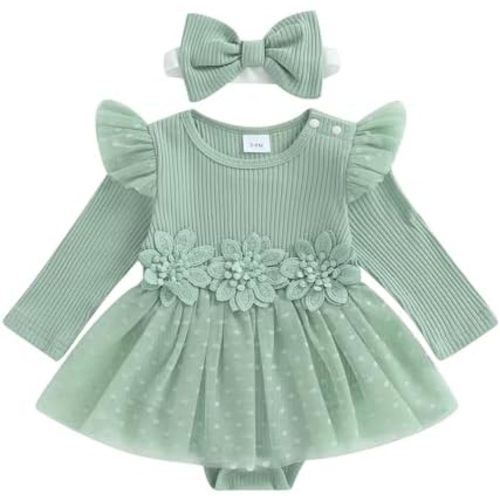 Hnyenmcko Newborn Baby Girl Romper Dress Long Sleeve 3D Flower Embroidery Tulle Dresses Jumpsuit Fall Winter Outfits Set