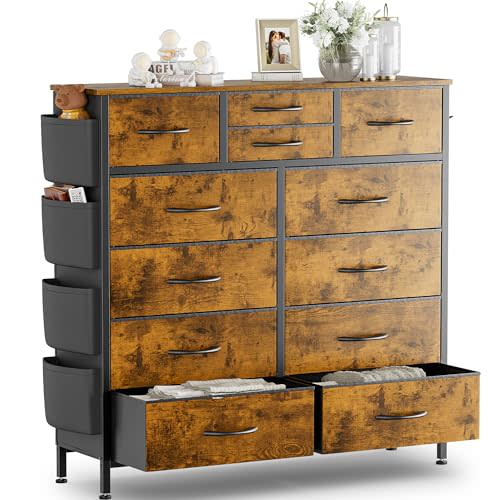 Himusi Dresser for Bedroom with 12 Drawer, Tall Dresser with Side Pockets and Hooks, Fabric Dressers, Chests of Drawers for Closet, Hallway, Living Room, Entryway, Rustic