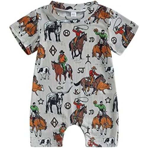 Gueuusu Country Baby Clothes Boy Girl Western Cow Print Short Sleeve Romper Bodysuit Ribbed One Piece Jumpsuit Summer Outfit