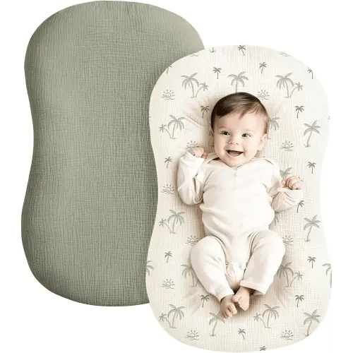 Konssy Muslin Baby Lounger Cover 2 Pack, 100% Cotton Newborn Lounger Cover, Soft and Breathable Lounger Cover for Boys Girls, Covers Only (Tree,Fog Green)