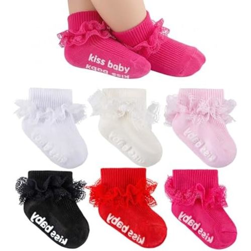 Baby Girl Ruffle Socks with Grips Turn Cuff Ankle Lace Frilly Dress Socks for Newborn/Infant/Toddler/Little Kids