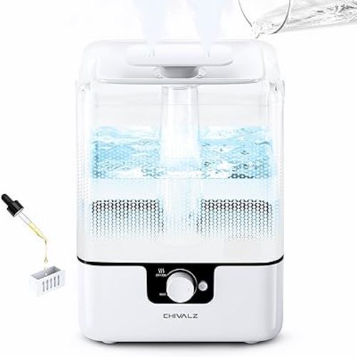 6L Humidifiers for Bedroom Large Room Home, CHIVALZ Cool Mist Top Fill Humidifiers for Baby Nursery and Plants, 26dB Quiet, Nightlight, Up to 50 Hours, Oil Diffuser 1 Pack + 2 Mist Outlets