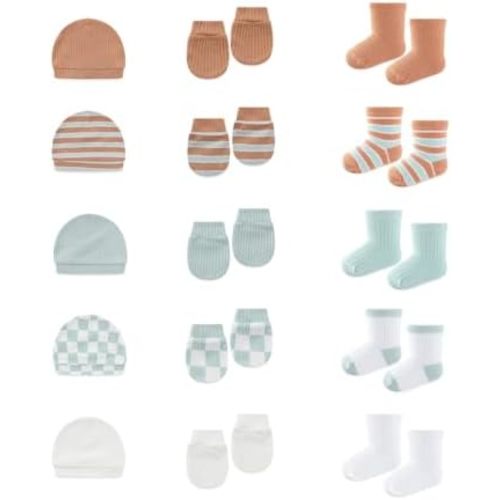 15 Pack Infant Hats Gloves Socks Unisex Baby Boy Girl Accessories Set Cotton New Born Caps Mittens