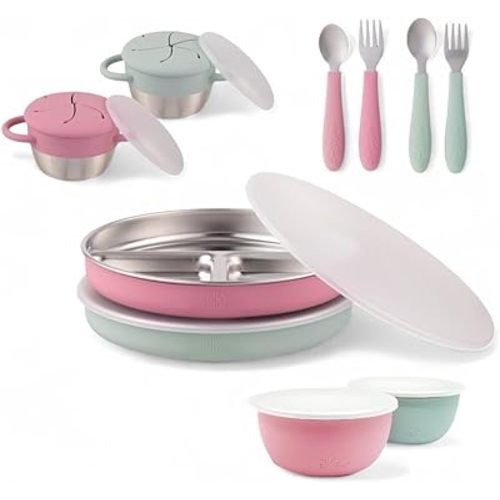 Elk and Friends Kids Stainless Steel Mealtime Bundle | Plates, Bowls, Snack Cups + Toddler Utensils | Silicone Sleeves + Travel Storage Lids | For Meals + Snacks | Dishwasher Safe