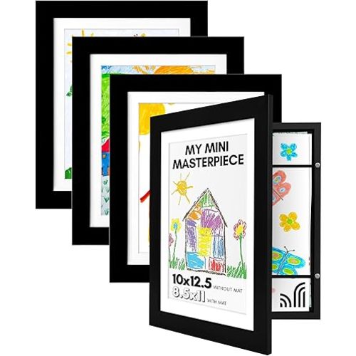Americanflat Set of 4 10x12.5 Kids Art Frame - Front Loading Picture Frames Hold 100 Artworks - Use as 8.5x11 Frame with Mat or Display 10x12.5 Artwork Without Mat - My Mini Masterpiece - Black