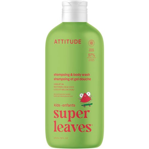 ATTITUDE Shampoo and Body Wash for Kids, EWG Verified, Dermatologically Tested, Plant- and Mineral-Based Ingredients, Vegan and Cruelty-Free, Watermelon and Coco, 16 Fl Oz