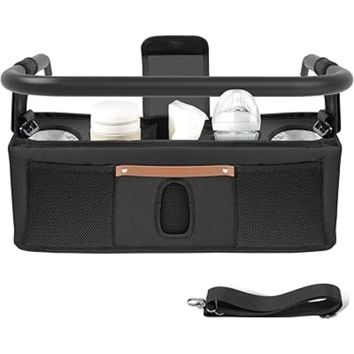 Parent Console Stroller Organizer Compatible with Wonderfold W4: Store Extra Belongings , Velcro Straps, 2 External Storage Pouches,4 Insulated Cup Holders, Large Size for All 4-Seater Models