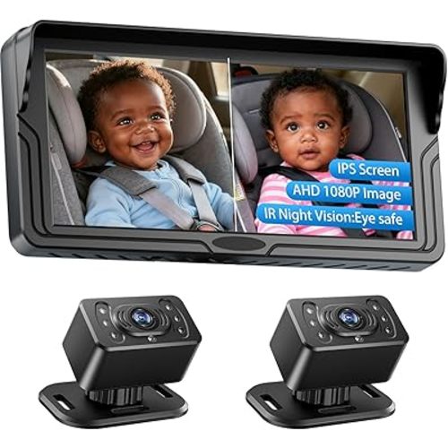 Baby Car Camera for 2 Kids | 6.86 Inch HD 1080P Split Screen Monitor | Dual Rear-Facing Backseat Cameras | 360° Rotatable | IR Night Vision | Easy to Install | Double Infant Car Mirror