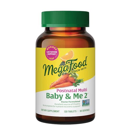 MegaFood Baby & Me 2 Postnatal Vitamins for Breastfeeding Moms with Folate (Folic Acid Natural Form), Choline, Iodine, Vitamin D, Moringa Leaf and More - 120 Tabs (60 Servings)