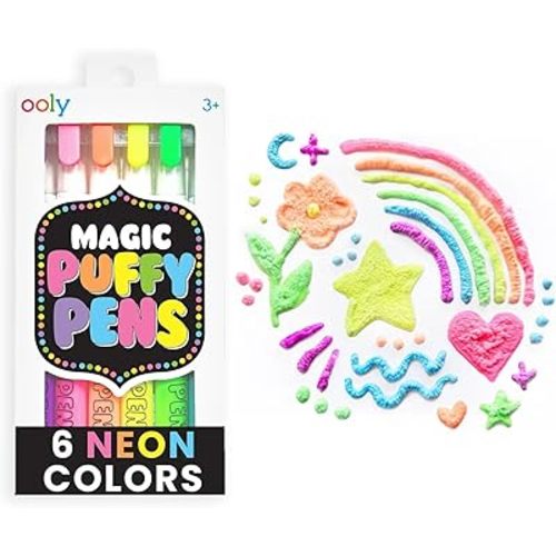 Ooly Magic Puffy Pens, Puffy Popcorn Drawing Pens Set of 6 Neon Colors with 3D Ink, Add Heat & Watch Art Grow, Creative Markers for Kids & Toddlers, Fun Art Supplies for Drawing & Coloring