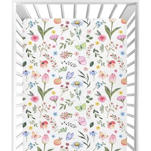 CaTaKu Baby Crib Sheets Tulip Wildflower Butterflies Mini Crib Sheets Fitted for Girls Boys,Neutral Soft Toddler Mattress Bed Sheets for Crib,27"x 39"