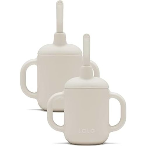 Lalo Little Cup 2-Pack, Non-Toxic Silicone Straw Cup with Handles - Baby and Toddler Sippy Cup - Mini Cup and Straw Training System, 4oz, Oatmeal