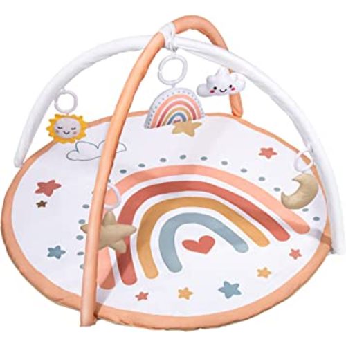 IPOZITO Baby Gym and Infant Play Mat, Stage-Based Sensory and Motor Skill Development Language Discovery Activity Play Gym, Thicker Non-Slip Design Tummy Time Activity Mat with 5 Toys Washable