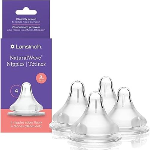 Lansinoh NaturalWave Baby Bottle Nipples – 100% Soft, Durable Silicone, Made Without BPA BPS, Anti-Colic, Supports Baby’s Developing Mouth and Teeth, Slow Flow, Size S, 4 Count, 1+ Month