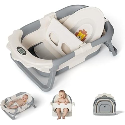 MoreFeel Foldable Baby Bathtub with Thermometer - 4-in-1 Grow-with-Me Collapsible Infant Tub (Newborn to Toddler) with Adjustable Mesh Sling - Space Saving Design
