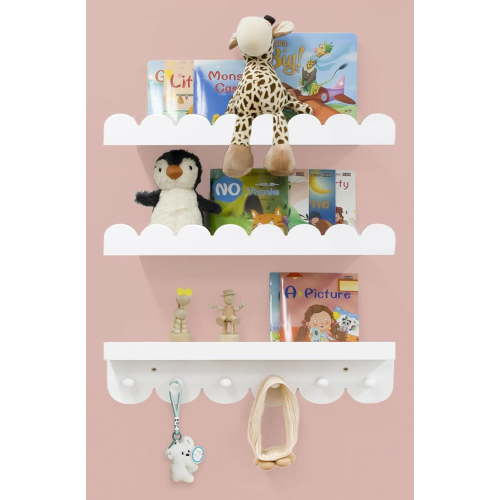 Kids Room Wall Shelves with Hooks, Scalloped Nursery Book Storage, Set of 3 Floating Bookshelves for Bedroom Decor, Natural Pine Wood, White