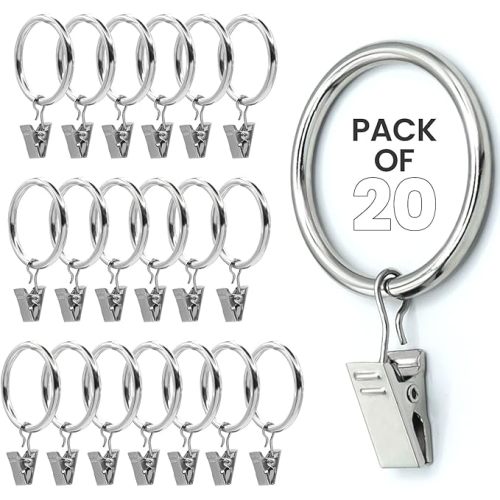 Silver Curtain Rings with Clips 1.5 Inch Set of 20 Heavy Duty Curtain Hooks for Drapes, Caps, Pictures - fits on Rod Diameter Upto 1.25Inch/32mm… (Silver, 1.5" Inch - 20 Pack)