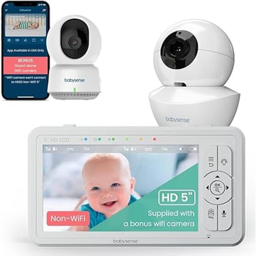 Babysense HDS2 Non-WiFi 5” HD Baby Monitor with Camera and Audio + Bonus WiFi Camera with App for Remote Viewing