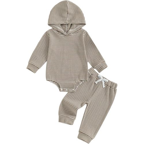 Newborn Unisex Baby Clothes Set Hooded Long Sleeve Bodysuit Stretchy Pants Ribbed Outfits Fall Winter