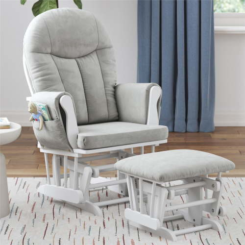 Baby Relax Huntington Nursery Glider & Ottoman, White Wood with Light Gray Microfiber Cushions