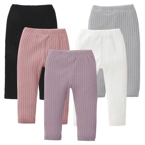 DREAM BUS 5 Pack Toddler Girl Pants Baby Girl Solid Ribbed Pants Toddler Girls Bottoms Leggings Newborn Cotton Jogger