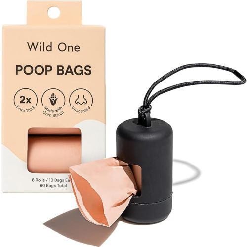 Wild One Dog Poop Bag Holder and Dispenser with Leash Attachment, Leak Proof, Easy Twist Top for Refills, Includes 1 Box Poop Bags, Black - Dispenser + 60 Bags