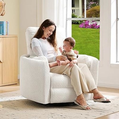Jocisland Power Rocking Nursery Chair, Oversized Recliner Swivel Glider Chairs for Adults with 2 Pillows, USB & Type-C, Cozy Reclining Armchair Sofa for Living Room, Bedroom, Nursing, White Teddy